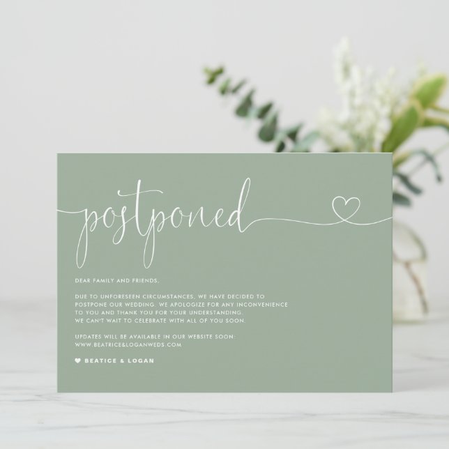 Dainty Script Sage Green Wedding Postponement Announcement (Standing Front)