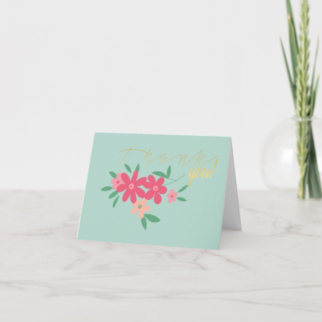 Dainty Teal Pink Tiny Flower Motif Thank You Card (Front)
