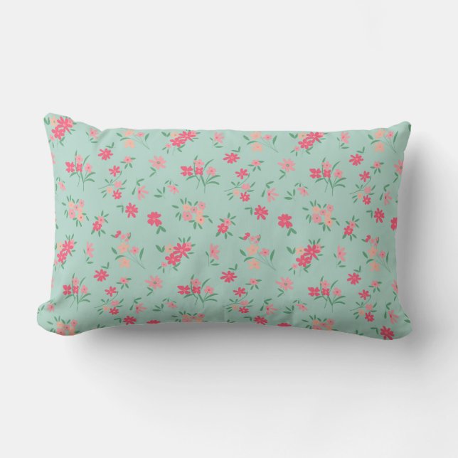 Dainty Teal Shades Pink Flowers Lumbar Pillow (Front)