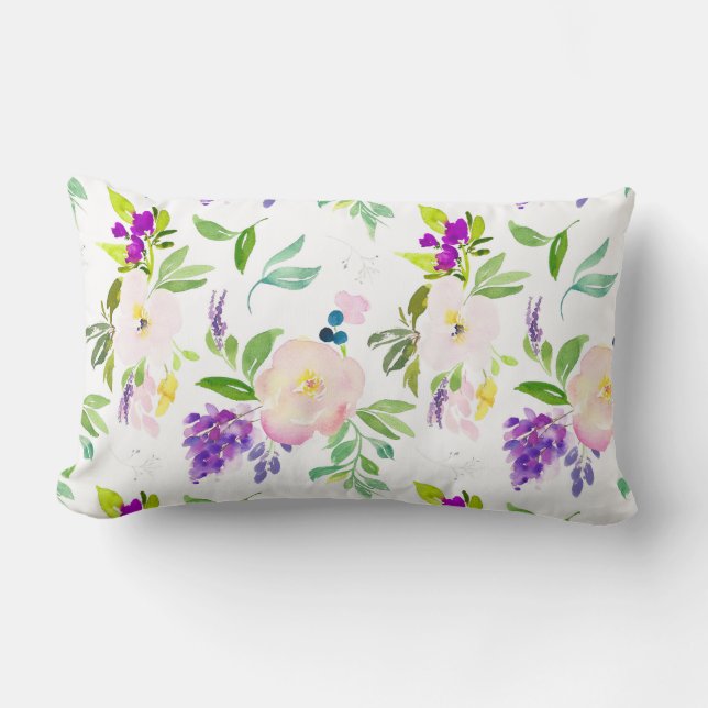 Dainty Watercolor Flowers | Peonies and Wisterias Lumbar Pillow (Front)