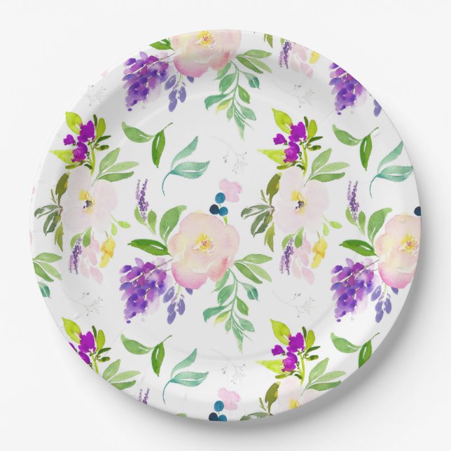 Dainty Watercolor Flowers | Peonies and Wisterias Paper Plate (Front)