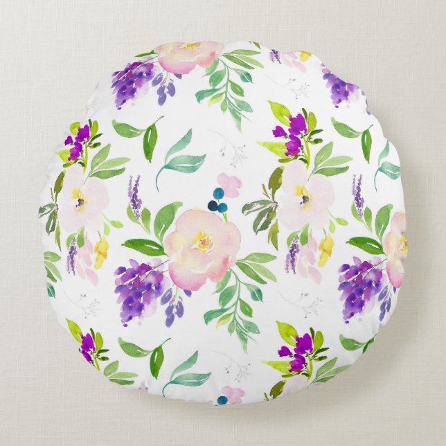 Dainty Watercolor Flowers | Peonies and Wisterias Round Pillow (Front)