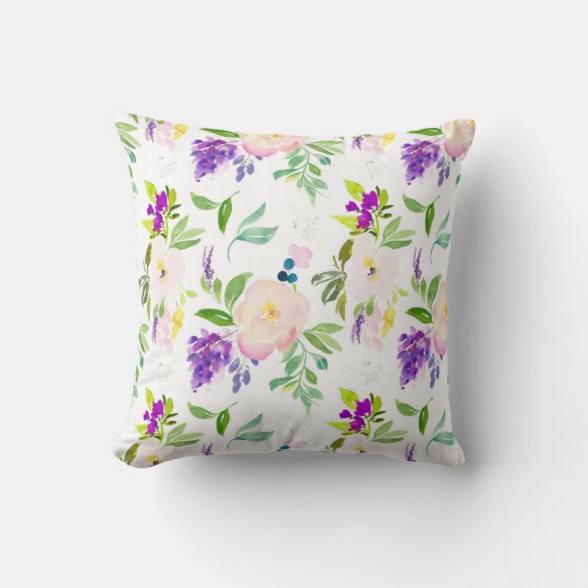 Dainty Watercolor Flowers | Peonies and Wisterias Throw Pillow (Front)