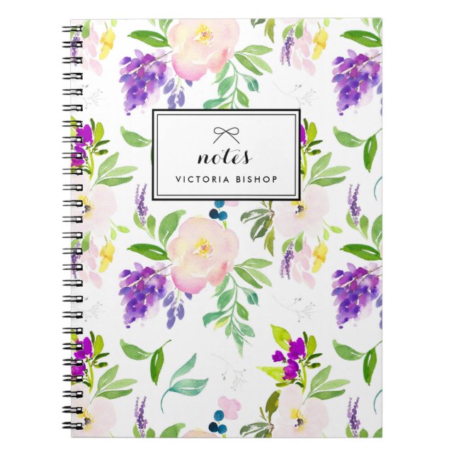 Dainty Watercolor Peonies and Wisterias Pattern Notebook (Front)