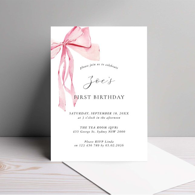 Dainty Watercolor Pink Bow First Birthday Invitation (Creator Uploaded)