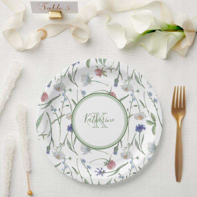 Dainty wild flowers personalized  paper plate (Wedding)