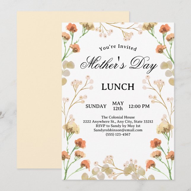 Dainty Wildflowers White Mother's Day Lunch Invitation (Front/Back)