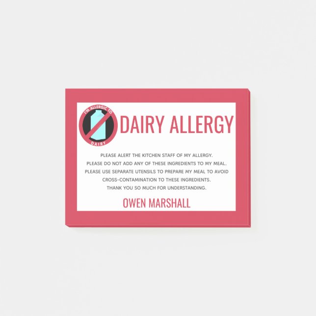 Dairy Allergy Alert Restaurant Chef Custom Post-it Notes (Front)
