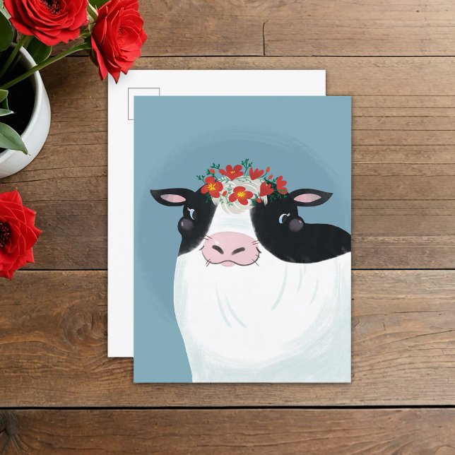 Dairy Cow and Red Flower Crown Postcard (Creator Uploaded)