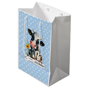 Dairy Cow Happy Birthday Blue  Medium Gift Bag