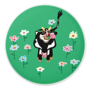 Dairy cow in a field of flowers ceramic knob