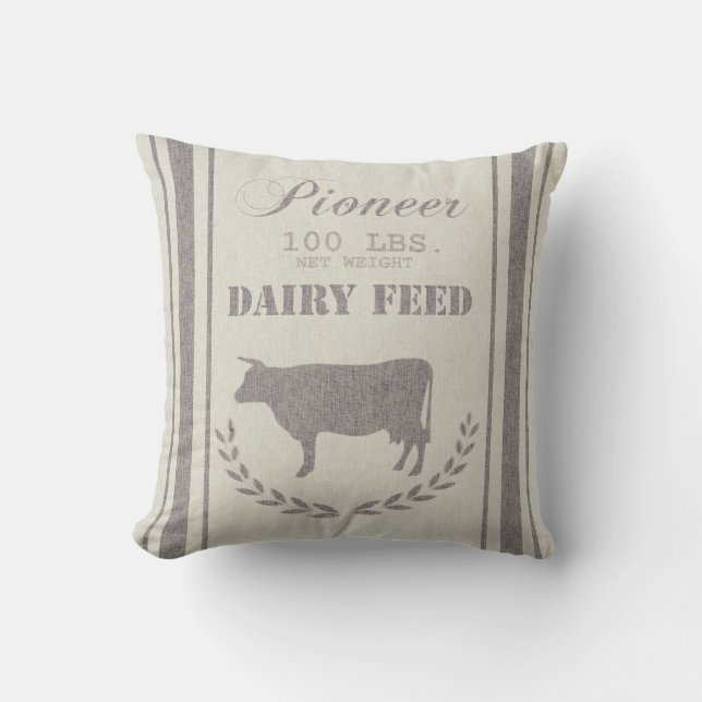 Dairy Feed Grain Sack Throw Pillow (Front)