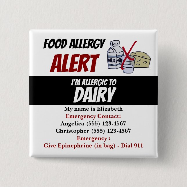 Dairy Food Allergy Alert Warning 2 Inch Square Button (Front)