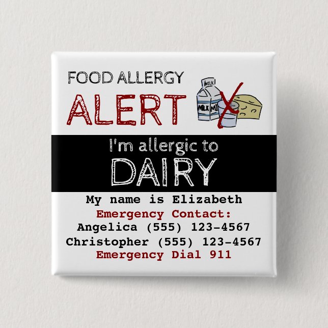 Dairy Food Allergy Alert White Red Black 2 Inch Square Button (Front)