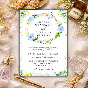 Daisies and Blue Flowers Wreath Wedding Invitation