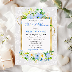 Daisies and Blue Summer Flowers Gold Bridal Shower Invitation