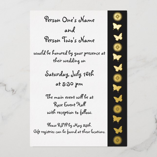 Daisies and Butterflies in Black Foil Invitation (Front)