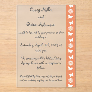 Daisies and Butterflies in Coral Acrylic Wedding Invitations