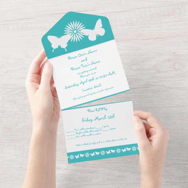 Daisies and Butterflies in Turquoise All In One Invitation (Tearaway)