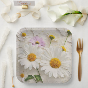 Daisies and Cosmos On Distressed Paper Paper Plate