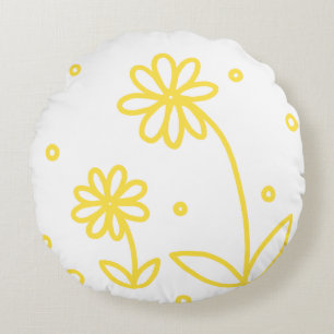Daisies and Dots 2 - Lemon Yellow and White Round Pillow