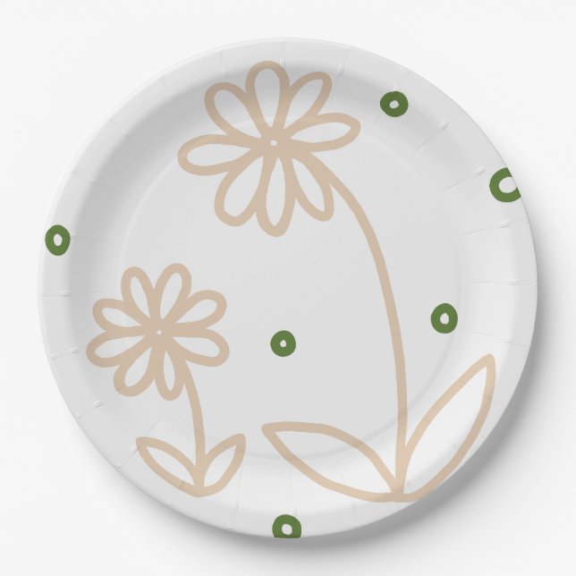 Daisies and Dots 2 - White, Sand and Palm Green Paper Plate (Front)