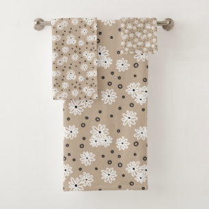 Daisies and Dots - Taupe, Black and White Bath Towel Set