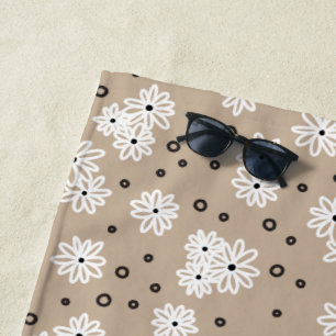 Daisies and Dots - Taupe, Black and White Beach Towel