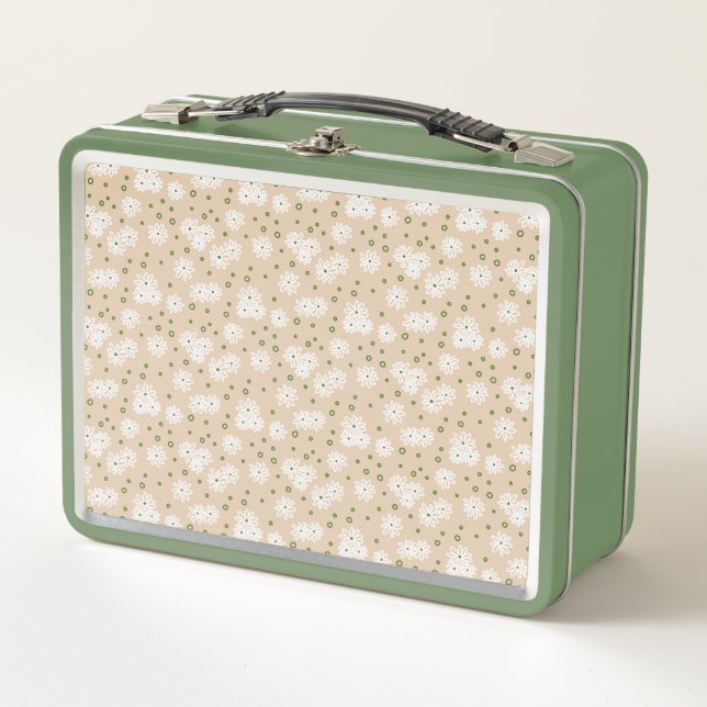 Daisies and Dots - White, Sand and Palm Green Metal Lunch Box (Front)
