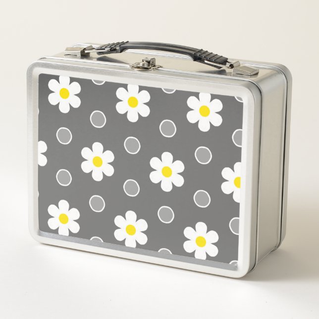 Daisies and Grey and White Polka Dots Metal Lunch Box (Front)
