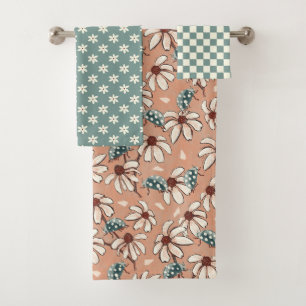 Daisies and Ladybugs Peach and Teal  Bath Towel Set