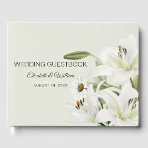 Daisies And White Lilies Light Green Background Guest Book