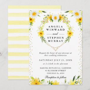 Daisies and Yellow Flowers Heart Wreath Wedding Invitation