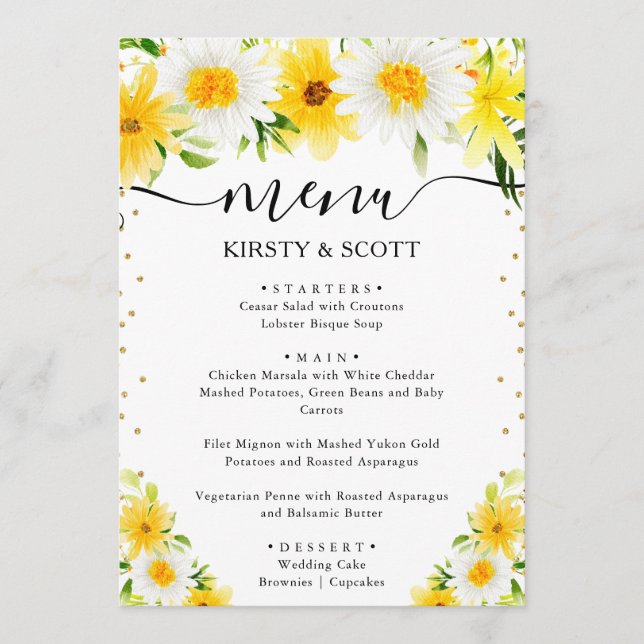 Daisies and Yellow Summer Flowers Wedding Menu (Front)