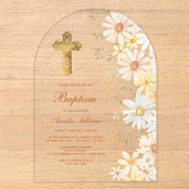 Daisies Arch Baptism Acrylic Invitations (Front)