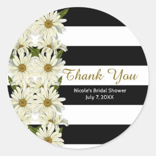 Daisies & Black White Stripes Modern Floral Classic Round Sticker