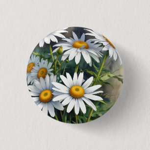 Daisies Bunch of Flowers Elegant Watercolor 1 Inch Round Button