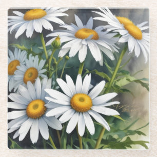 Daisies Bunch of Flowers Elegant Watercolor Glass Coaster
