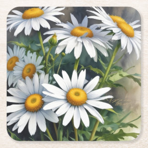Daisies Bunch of Flowers Elegant Watercolor Square Paper Coaster