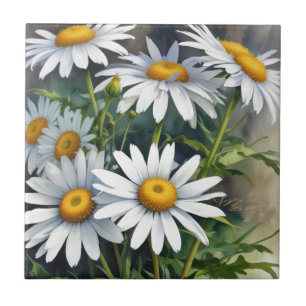 Daisies Bunch of Flowers Elegant Watercolor Tile