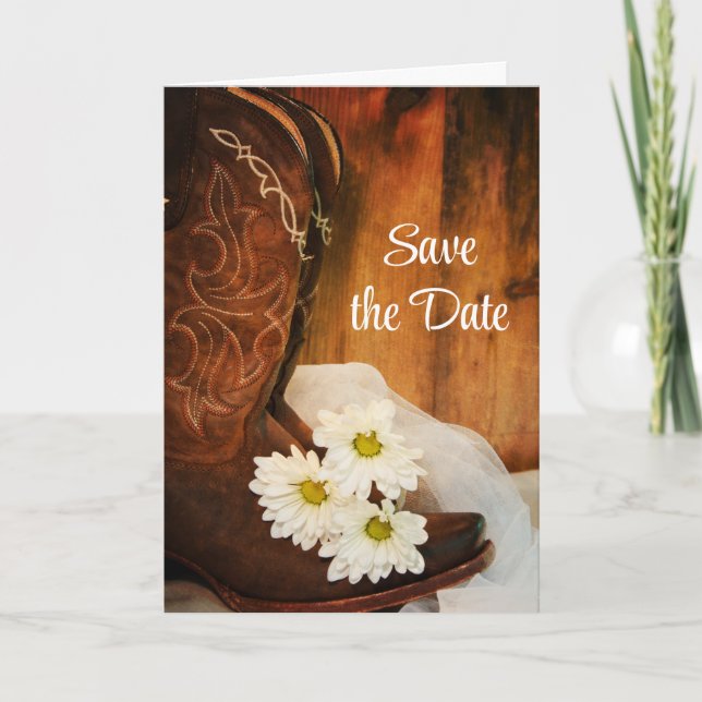 Daisies Cowboy Boots Western Wedding Save the Date Announcement (Front)