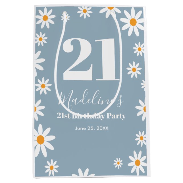 Daisies Dusty blue Birthday Party Medium Gift Bag (Front)