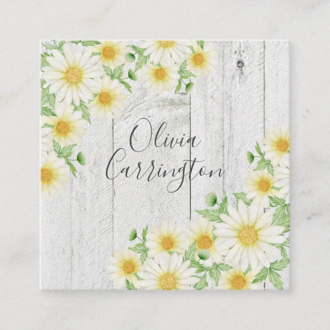 Daisies Faux Wood Personalized Name Square Business Card (Front)