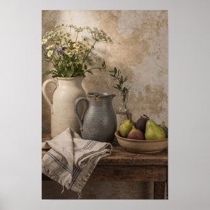 Daisies, Figs, and Stoneware Pitchers Poster