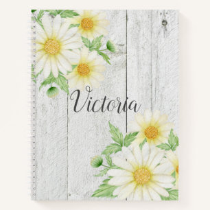 Daisies Floral Personalized Script Rustic Notebook