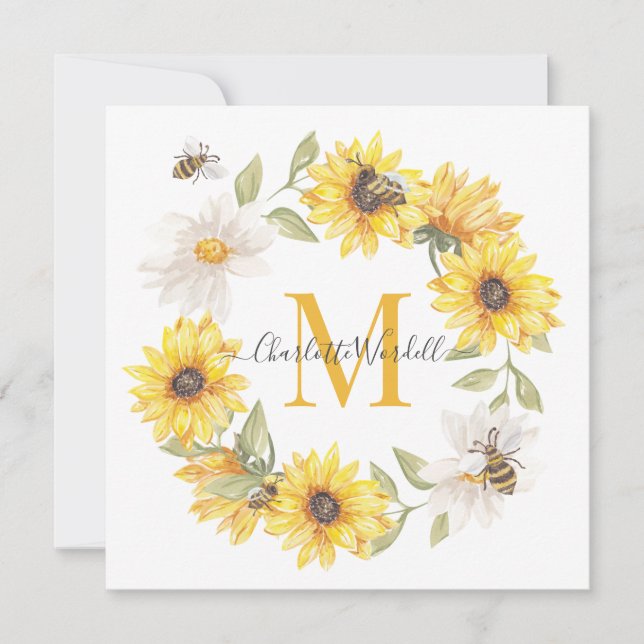 Daisies Honey Bees Monogram  Card (Front)