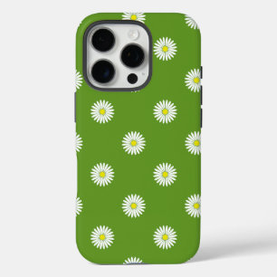 Daisies Illustrative Pattern on Green iPhone 16 Pro Case
