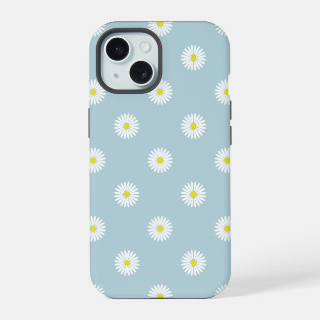 Daisies Illustrative Pattern on Pale Blue iPhone 15 Case (Back)