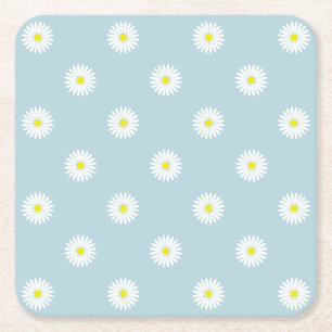 Daisies Illustrative Rpt Pattern on Pale Blue Square Paper Coaster