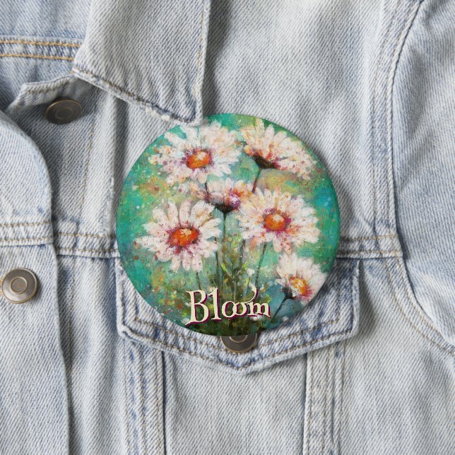 Daisies Impressionistic Floral Teal Personalized 4 Inch Round Button (In Situ)